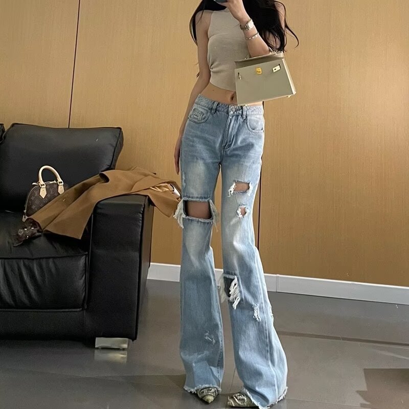 High Waist Ripped Micro-flared Jeans Women's 2024 New High Street Washed Old Knee Horseshoe Pants