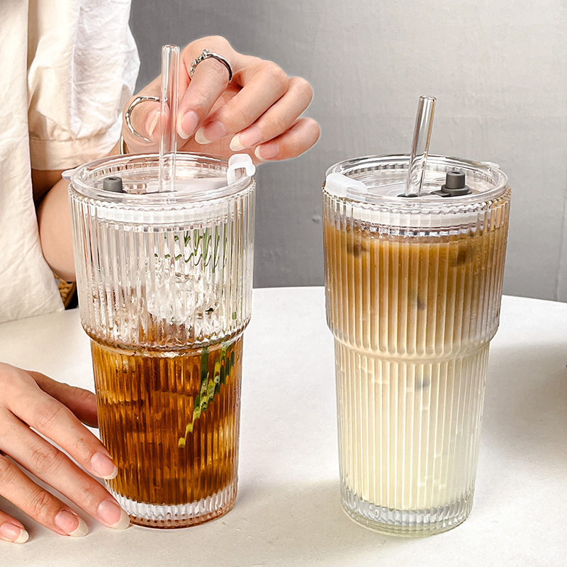 高颜値蓋付きストロー付き縦紋ガラスカップ大容量カップ夏氷コーヒーカップラテ飲料カップ|undefined