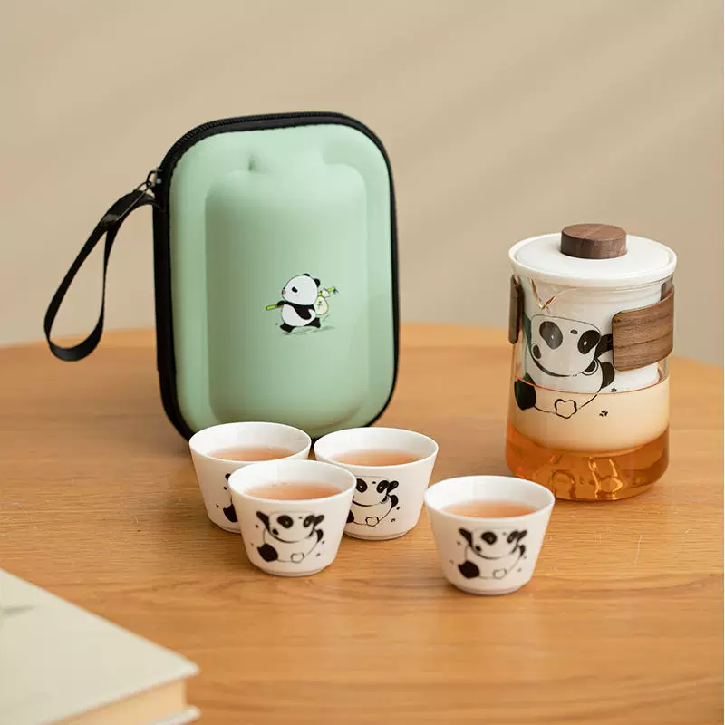 Handheld elite tea set for traveling, travel sophisticated equipment for camping, panda, full set