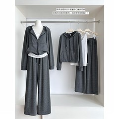 针织条纹松弛感懒人套装 条纹开衫卫衣+背心+阔腿休闲裤2025