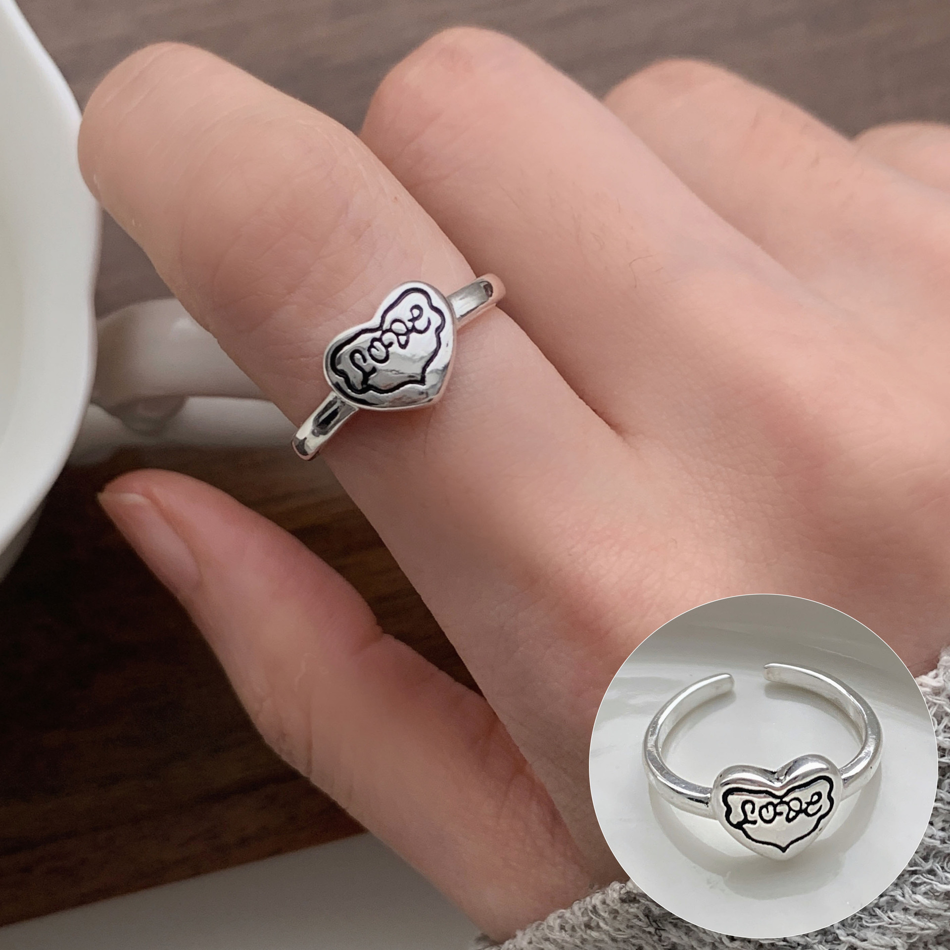 Anillo de corazón tridimensional de plata S925 para mujer estilo coreano, diseño retro ancho con letras, anillo abierto para dedo índice hip hop