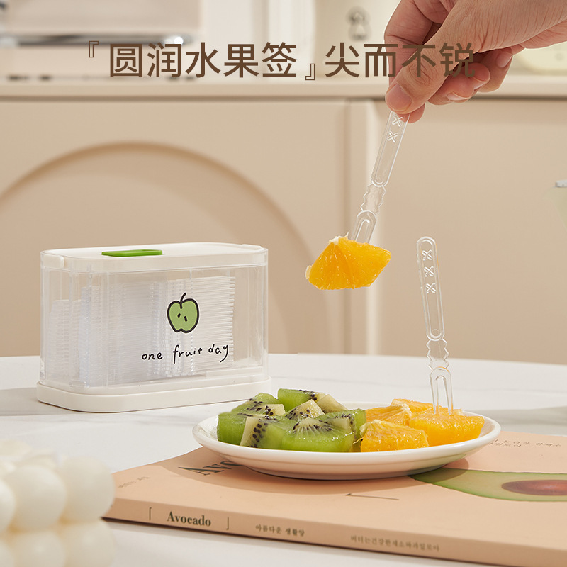 按压式水果叉盒家用款多功能用收纳盒一次性牙签盒水果签竹签带盒|undefined
