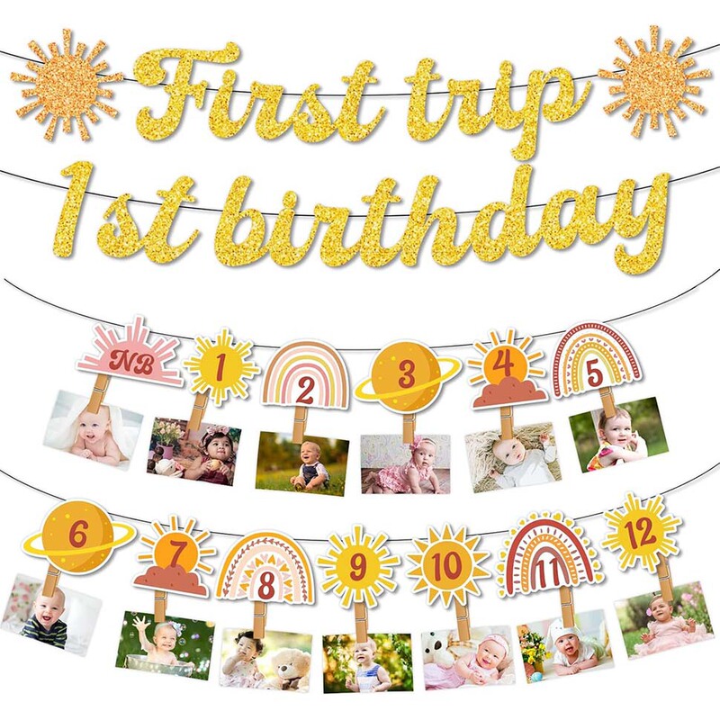 1St Birthday Party Banner Bohemian Sun Photo Banner Pull Flag 12 Months Growth Photo Pull Flag