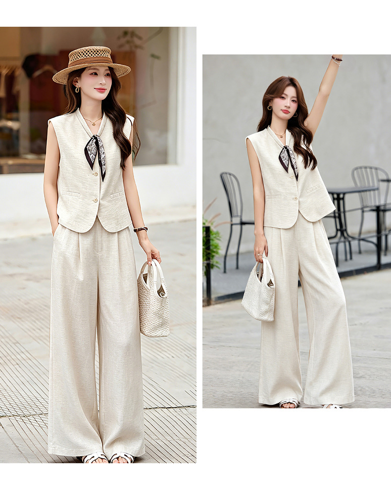Bộ vest nữ gồm áo gile và quần tây ống đứng cạp cao — màu đen, màu cam, màu trắng ngà chi tiết 29