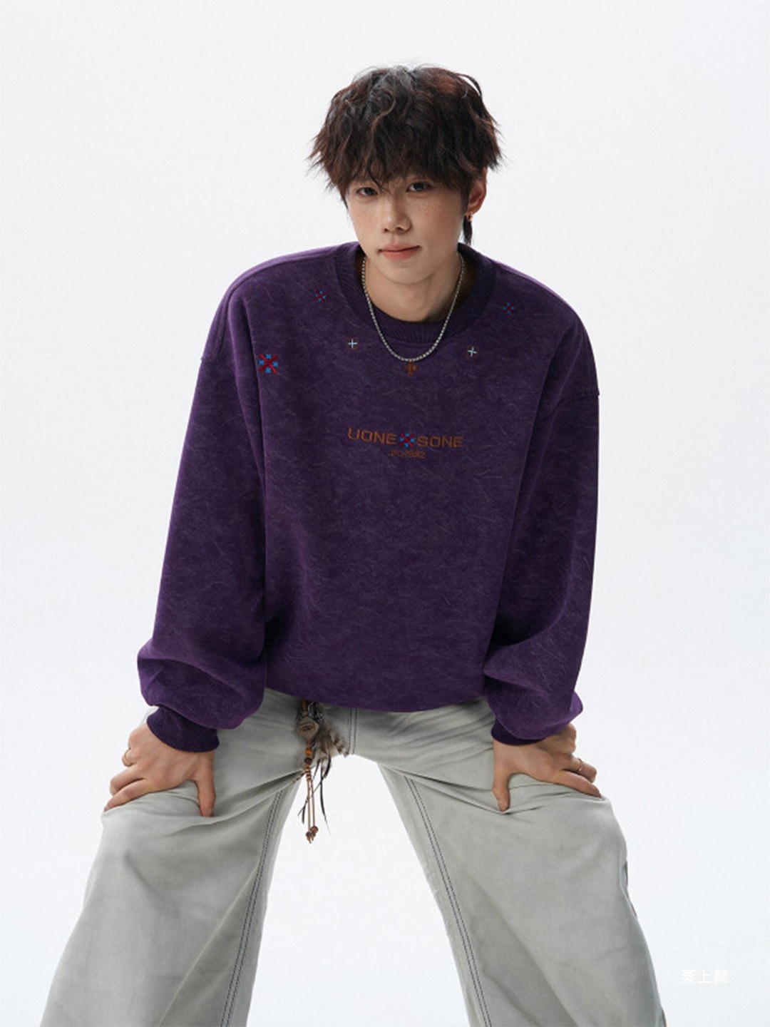Autumnal inner layer, ethnic-style embroidered, hoodless, trendy, loose-fitting, American-style crew-neck sweatshirt for men, heavyweight, sand-washed top/jacket