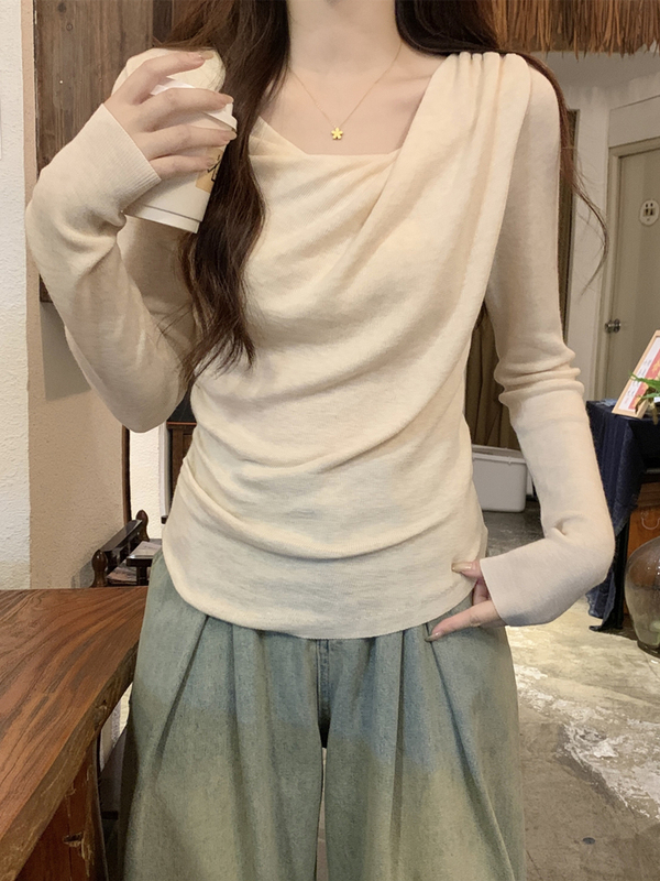 法式别致荡领扭褶斜领显瘦长袖针织衫女初秋温柔风韩系设计感上衣|undefined