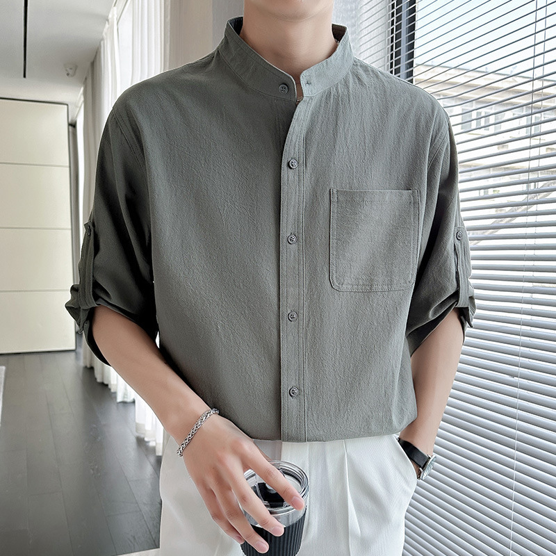 Summer Men's Vertical Collar Shirt Cotton and Linen Seven-point Short Sleeve Henry Collar Chinese Style Casual Solid Color Middle Sleeve All-match Men's