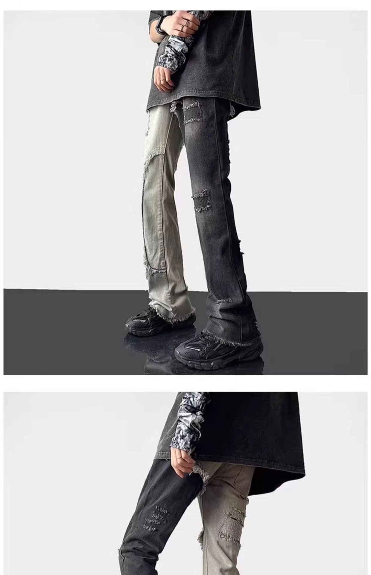Men's Patchwork Color Block Ripped Jeans High Street Straight_voghion.com