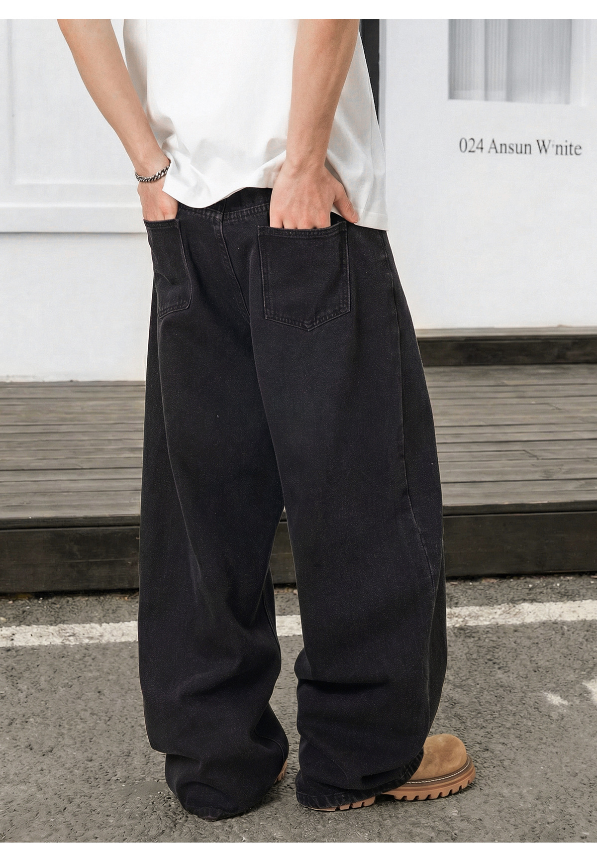 Vintage Washed Black Denim Jeans For Men - Relaxed Fit Straight Leg Casual Trousers With High Street Style_mkmklike.com