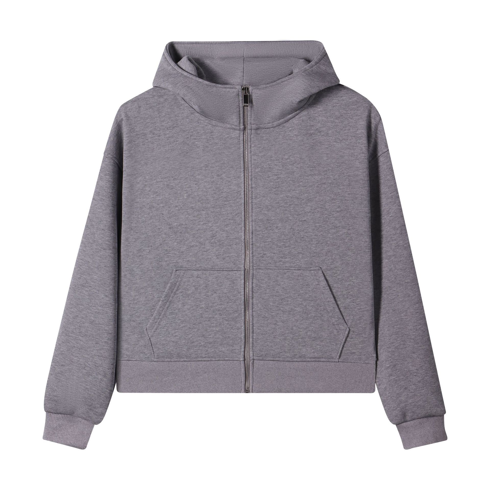 Ropa de mujer corta estilo coreano simple cuello alto con chaqueta con cremallera con capuchón de vello otoño y invierno pesado 420g suéter de algodón de isla image 8