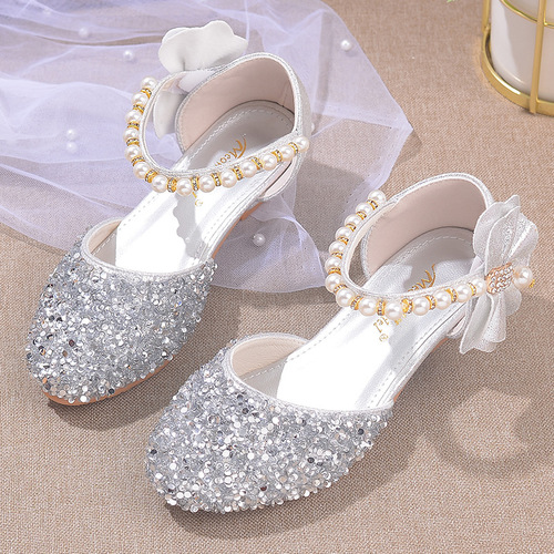 Children's High Heels, Girls' Princess Formal Shoes, Children's Crystal Shoes, Single Shoes, Pearl Sparkle Stage Performance Shoes