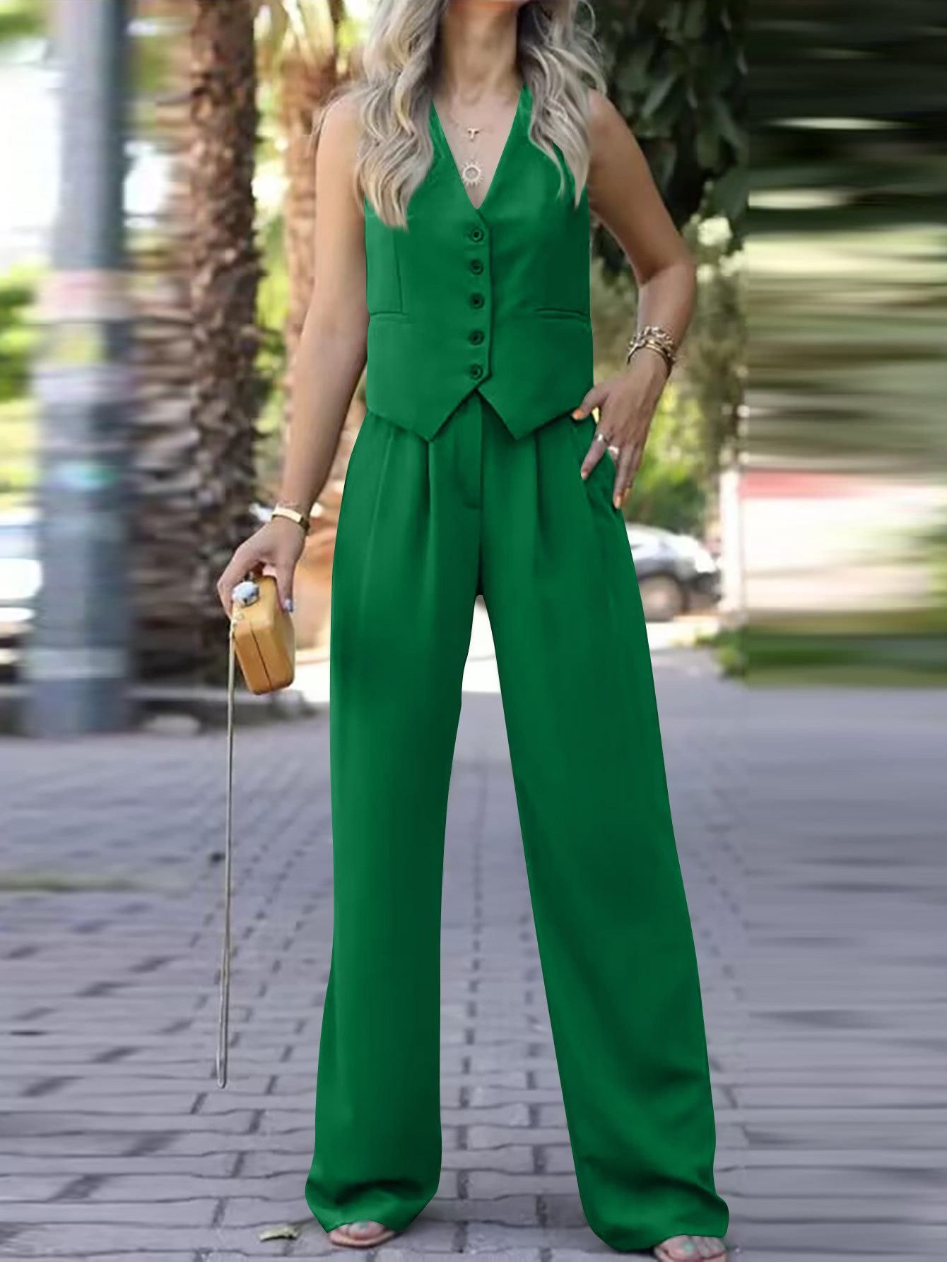 491g Weight Vest Outerwear Type Sleeveless Sleeve Length Polyester Fabric Type Blazer Suits Co-ord Set Sets Type 2 Pieces Set Quantity Casual Occasion V Neck Neckline Slim Fit Type Solid Color Pattern Spring Season Women's Gender Casual Style Casual Women's Casual Solid Color Polyester Blazer Suits Co-ord Set Pants Sets 4