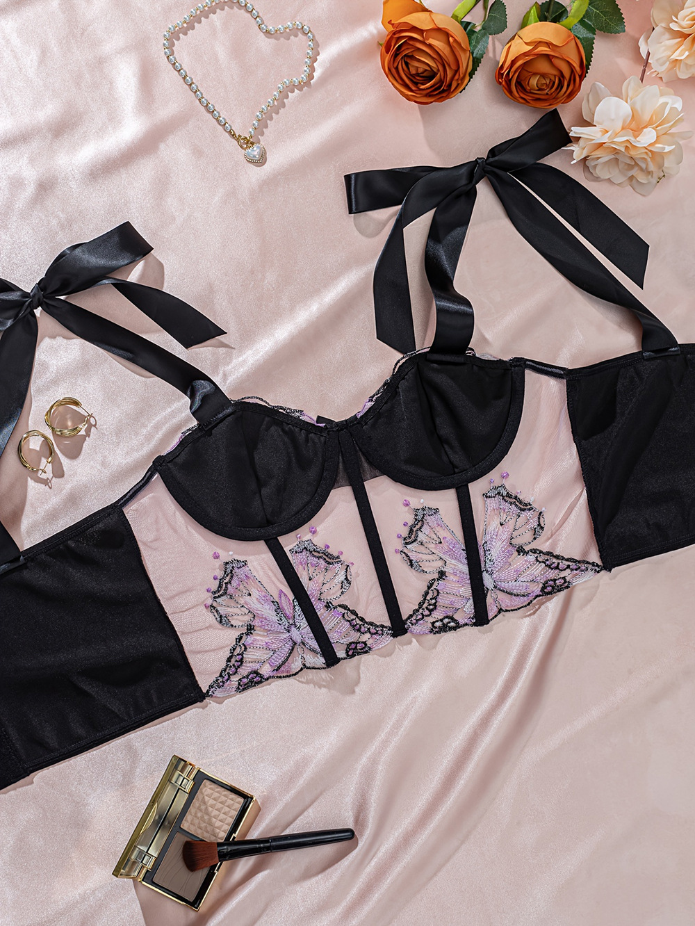 Women's Floral Embroidered Bra With Bow And Adjustable Straps_voghion.com