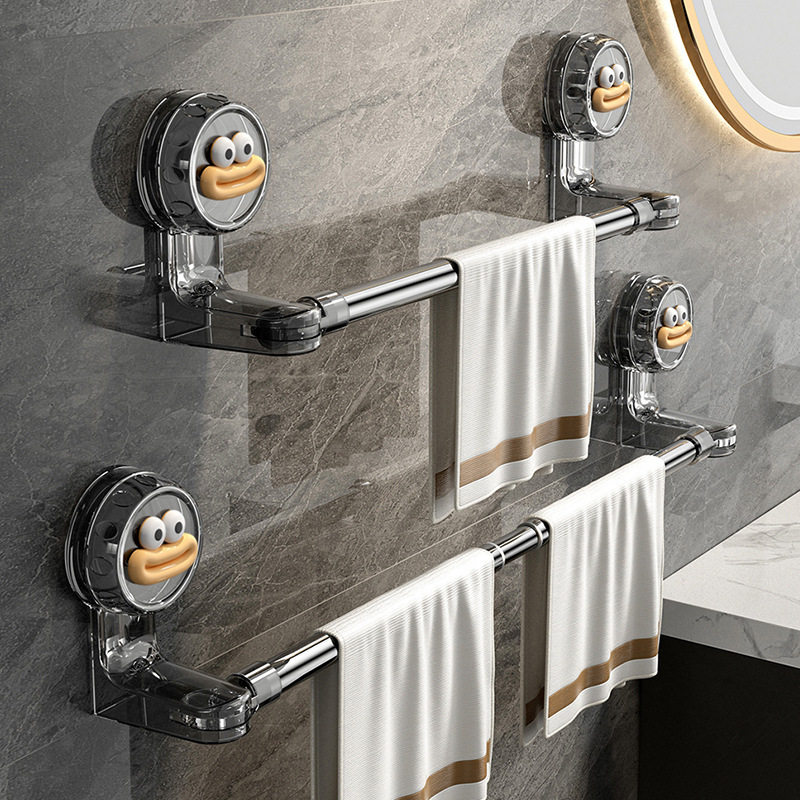 Bathroom No-Drill Suction Cup Towel Rack with Strong Suction, Extendable Water-Draining Rod, Over-The-Door Slipper Storage, Wall-Mounted Shelf