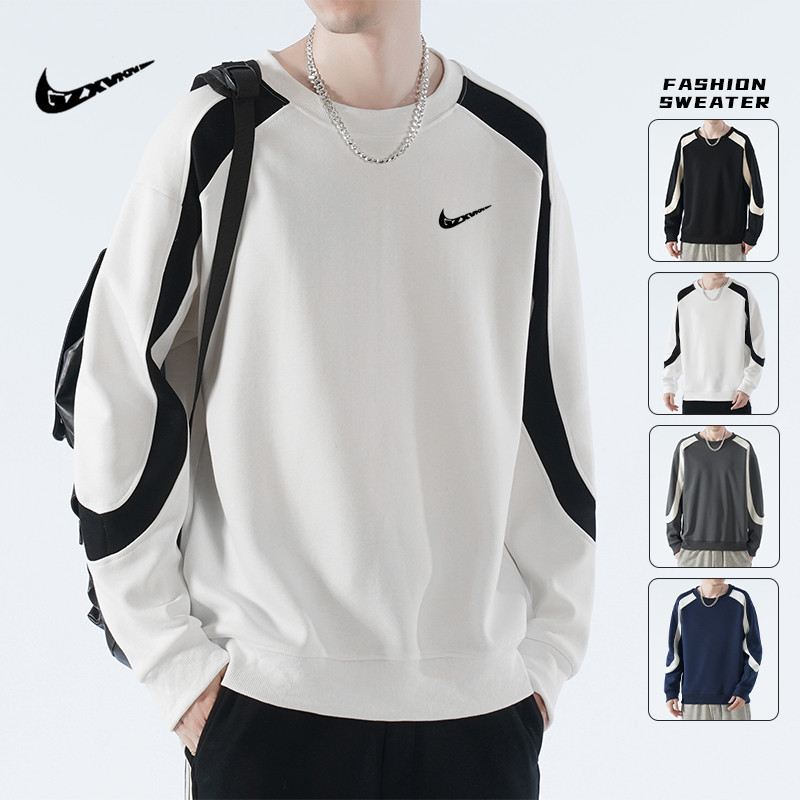 Autumn Japanese Sweater Men's Round Neck Knitted Cotton Sports Long-sleeved T-shirt Stitching Loose Pullover Casual Top Men's