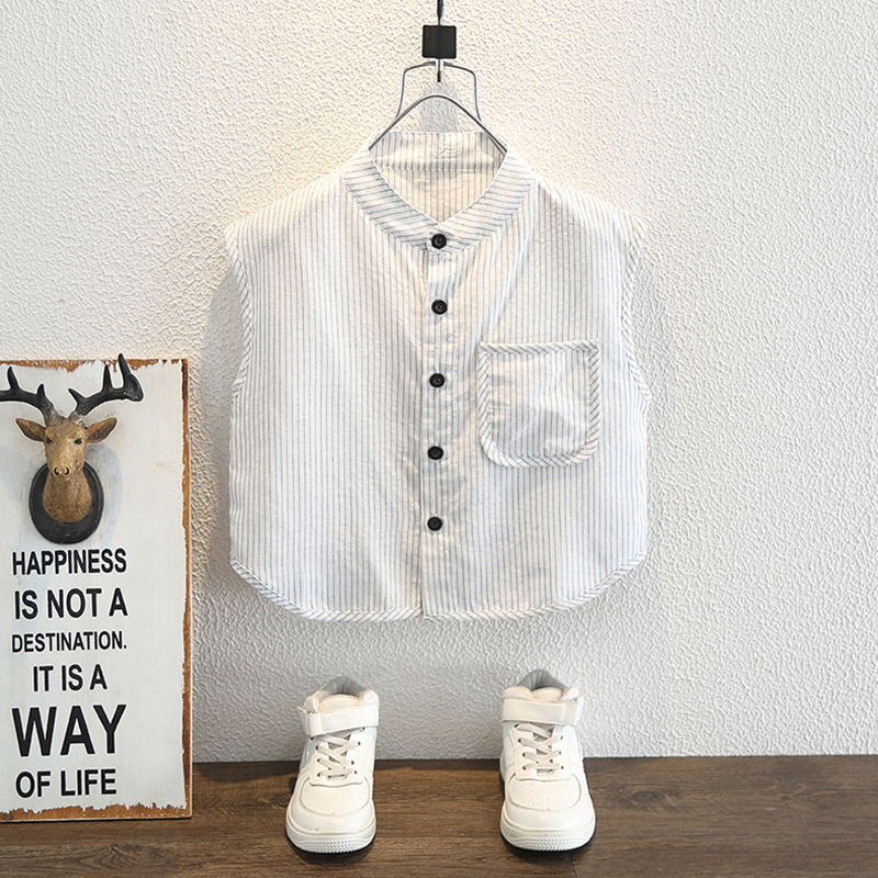 7942 Camiseta de manga corta coreana para niños Verano 2025 Nueva camisa de rayas finas para niños Camisa de chaleco sin mangas
