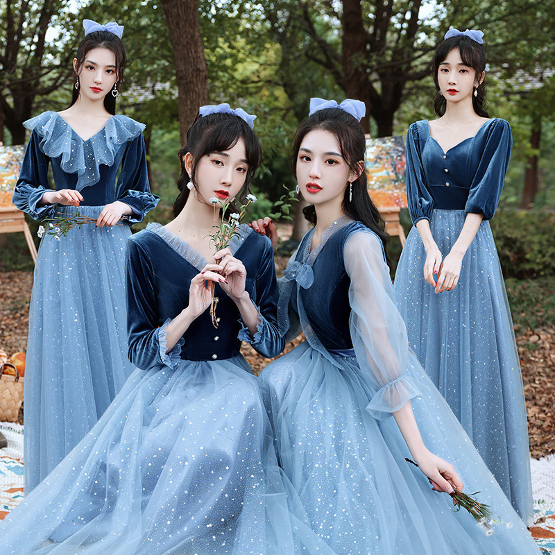 Blue Bridesmaid Dress 2026 Winter New Velvet Long-Sleeved Sister Group Dress Evening Party Annual Meeting Bestie Evening Dress Blue Bridesmaid Dress 2026 Winter New Velvet Long-Sleeved Sister Group Dress Evening Party Annual Meeting Bestie Evening Dress