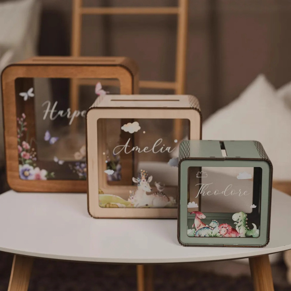 Caixa de ahorro de letras de madera caja de ahorro de letras de madera caja de ahorro de monedas transfronteriza caja de almacenamiento de monedas de niños caja de ahorro de letras transparente