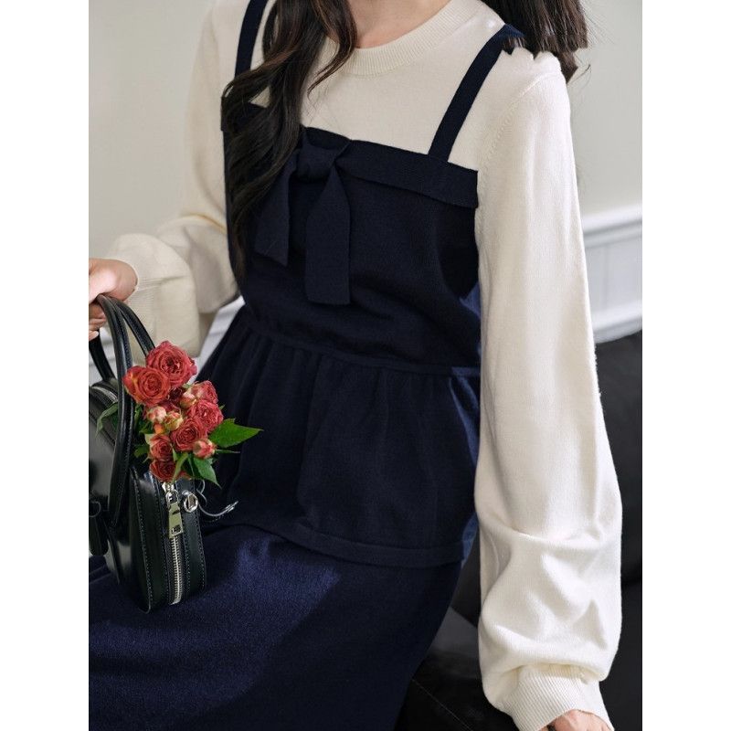 阔色法式假两件吊带背心毛衣半身裙两件套25秋冬新款女感上衣