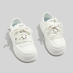 可愛熊貓網面透氣小白鞋女2024年夏季新款圓頭百搭厚底休閒板鞋子