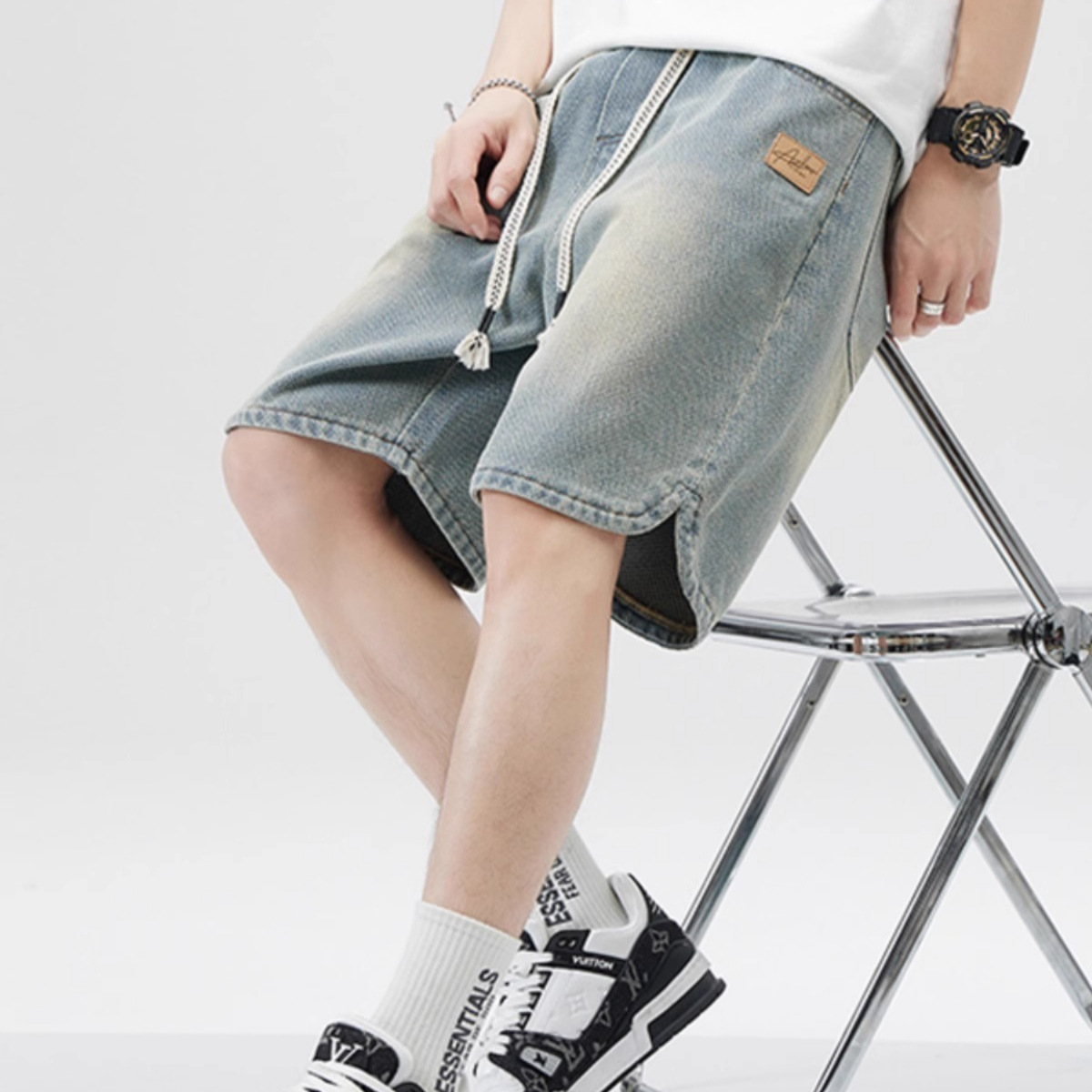 Summer Thin Starry Sky Pattern Denim Shorts for Men 2025 New Loose American Trendy Brand Casual Mid-Length Pants