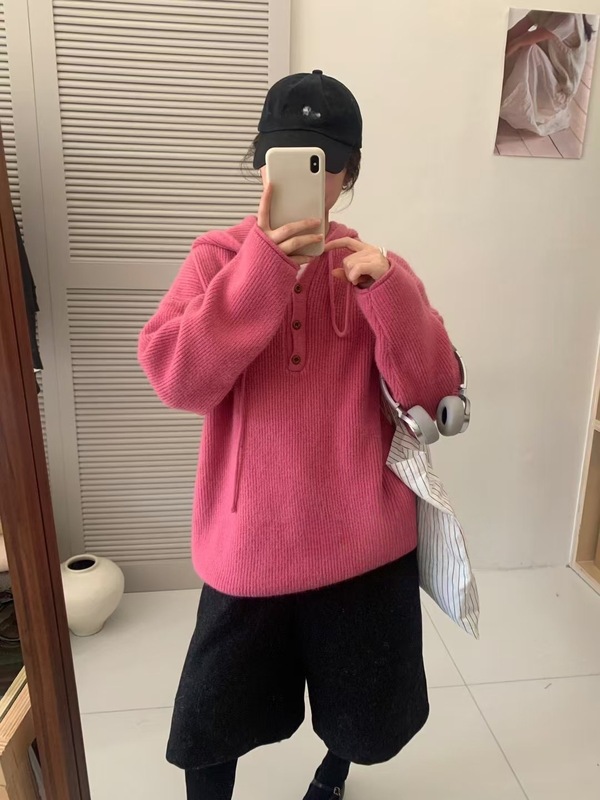 韩系纽扣半开领连帽针织衫女中长款慵懒风宽松休闲套头毛衣卫衣潮|undefined