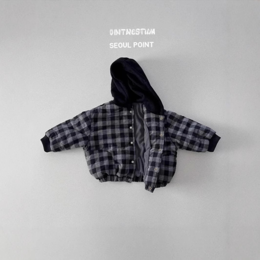 韩版秋冬童装复古格子夹棉保暖连帽外套儿童冬款百搭防风夹克上衣