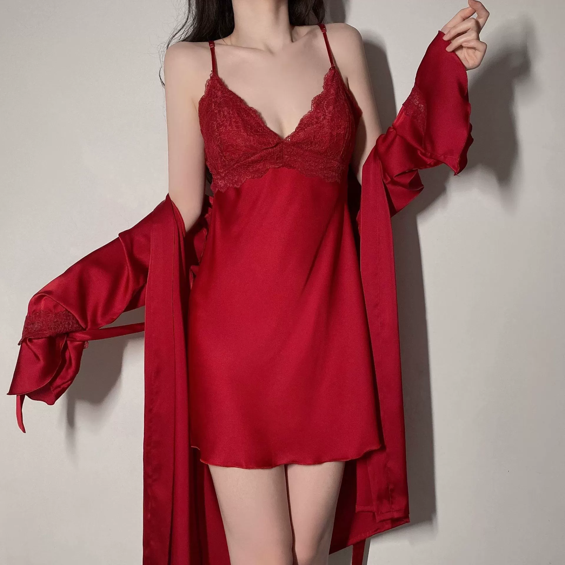 Spring summer pijama, bathrobe, long-sleeve, sexy silk set, lifting effect