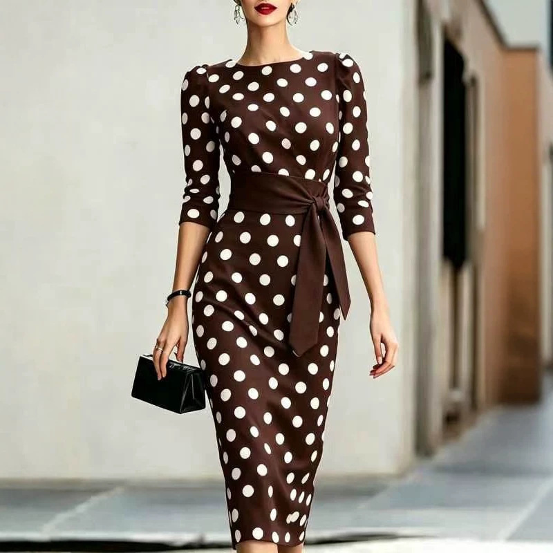 2026 European and American Style Retro Polka Dot Dress with Round Neck, Three-Quarter Sleeves, High Waist, Tie, Slim Fit, Elegant Mid-Length Women's Clothing
