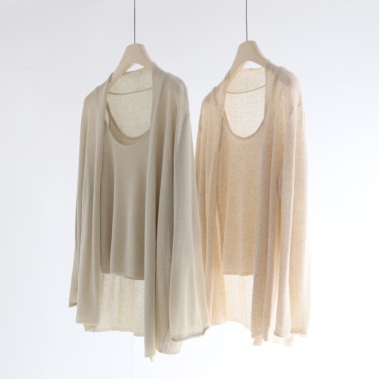 Old Money Style Buttonless Tencel Linen Knitted Cardigan Women's Summer Long Sleeve Loose Tops + Sleeveless Vest Top