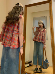 春夏大碼胖mm洋氣格子短款無袖外穿吊帶女顯瘦辣妹背心上衣ins潮