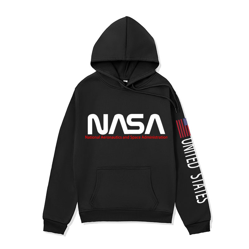 2021 Cross-border Men's NASA American Flag Printed Sweater Loose Autumn and Winter Fleece-lined hoodies