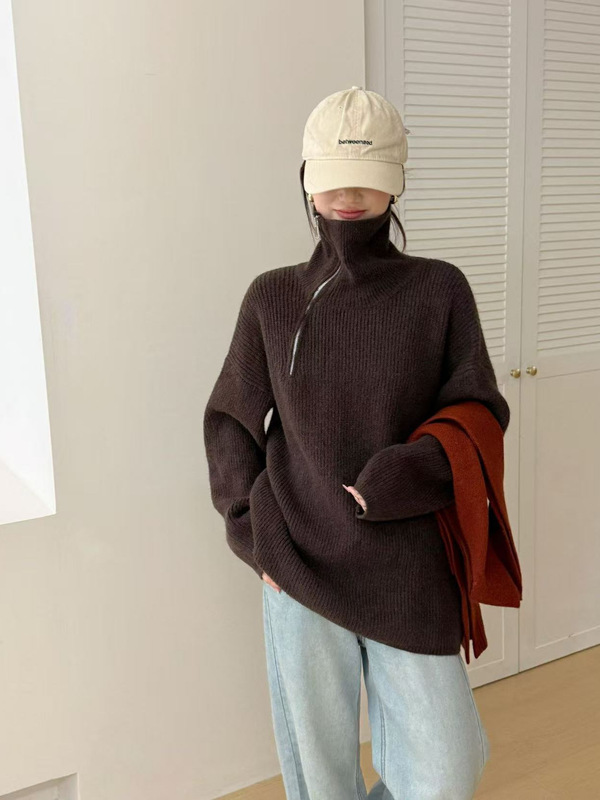 欧货重工设计感女装斜肩拉链高领毛衣女中长款慵懒加厚套头针织衫|undefined