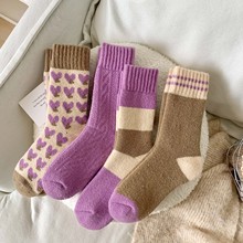 紫色羊毛袜子女秋冬季加厚保暖毛圈中筒袜日系少女可爱毛巾月子袜