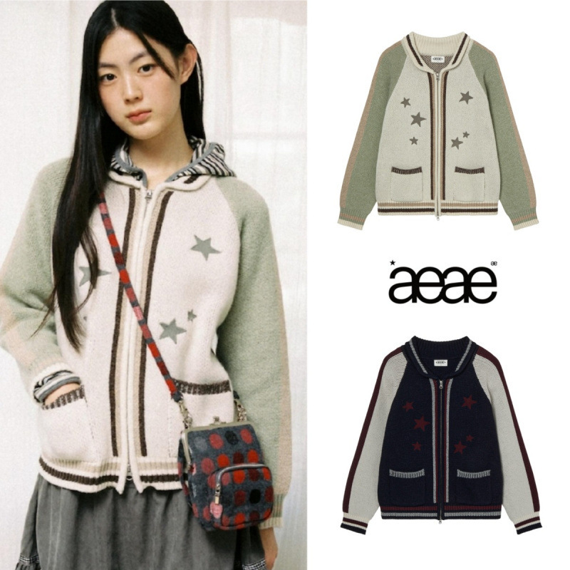25 Autumn Aeae Korean Designer Brand Preppy Style Star Jacquard Color Matching Raglan Knitted Sweater Jacket for Women