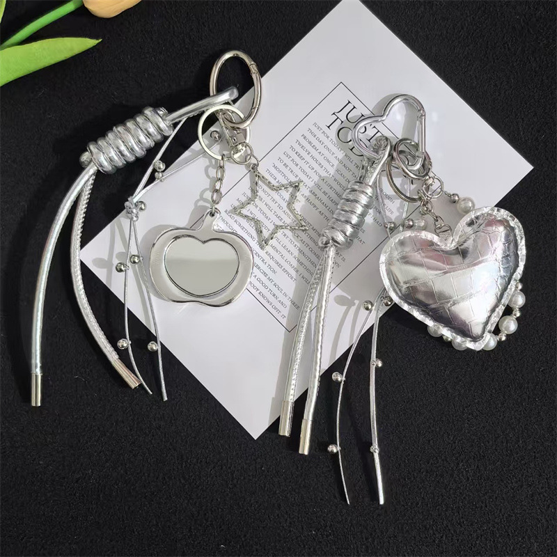 Miu Series High-End Silver Heart Keychain Bow Accessories Braided Rope Bag Pendant Wholesale