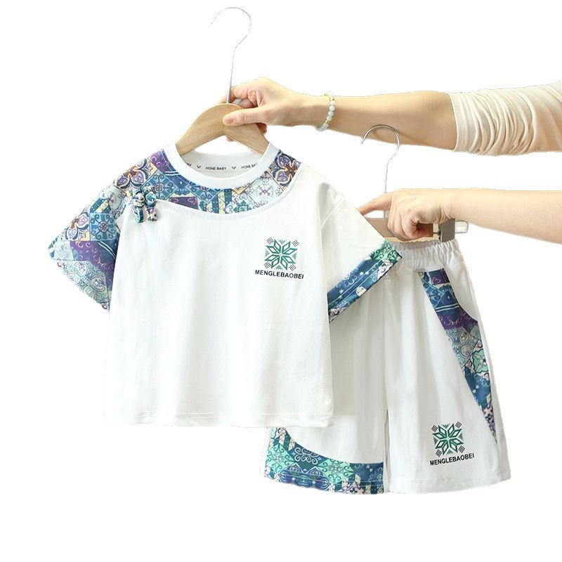 8083 Traje de manga corta de verano para niños 2025 Nuevo vestido de verano para niños Traje de dos piezas de verano para bebés de moda de estilo chino