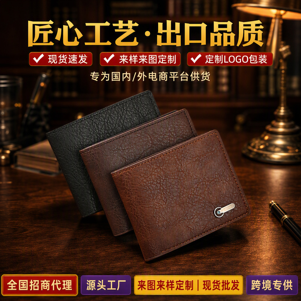 Men's wallet, business casual short leather wallet, cross-border promotion, in-stock wholesale, casual short leather bag wholesale