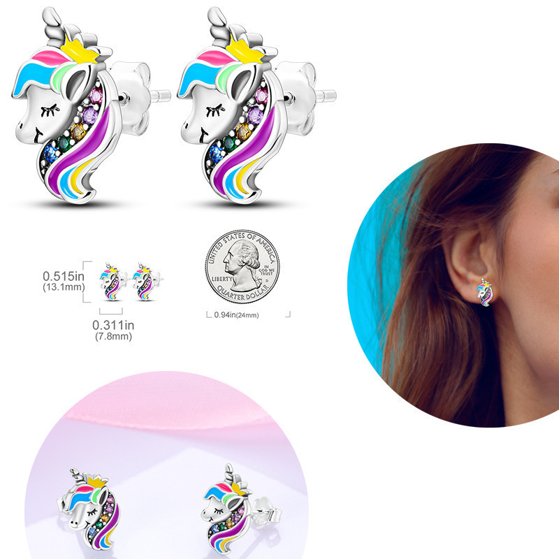 G 451 Women Stud Earrings 925 Silve Unicorn Star Flower