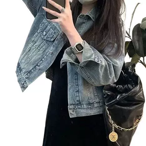 Retro denim autumn design short jacket, 2025 years, oversize