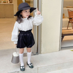 女童襯衫法式宮廷風復古泡泡袖木耳邊立領花邊褶皺長袖襯衫娃娃衫