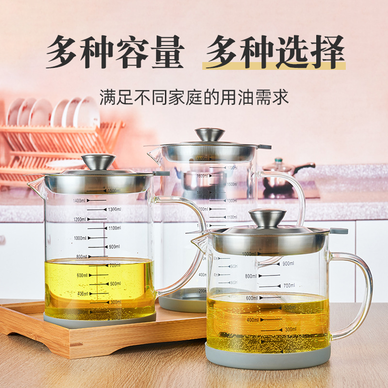 Wholesale glass oil jug with filter screen, kitchen large capacity oil storage tank, household lard pot, oil residue filter jug
