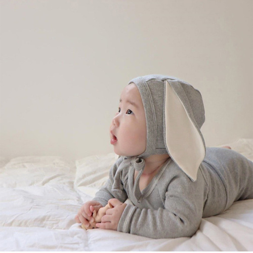 2024 Korean children's clothing bunny ears baby jumpsuit belly protection triangle bag fart clothes baby spring crawl suit suit