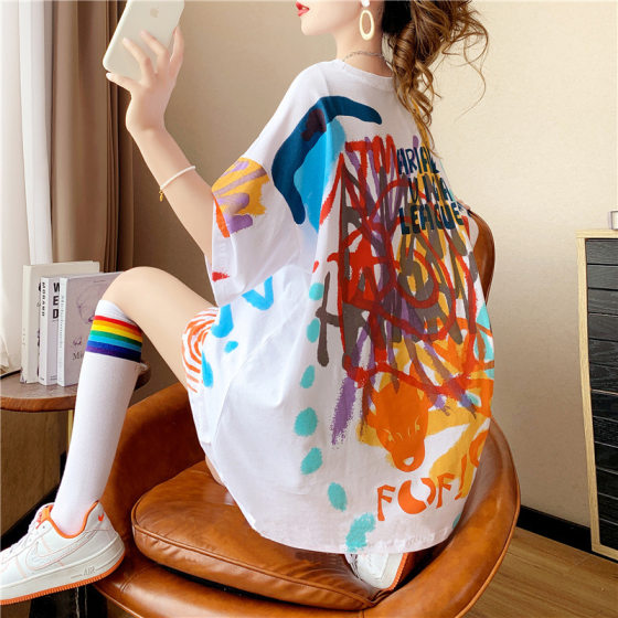 Niche fun color contrast printed cotton short sleeve T-shirt women's summer new style graffiti loose long top