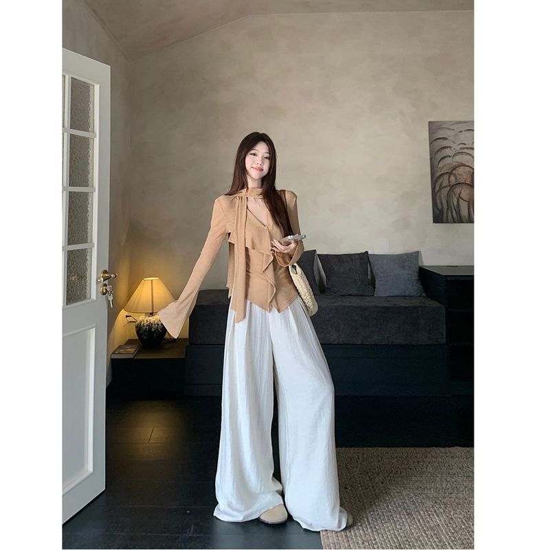 松弛系设计感飘带V领长袖T恤女2025秋季修身时尚休闲显瘦小众上衣|undefined