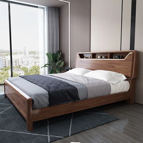 Walnut bed solid wood bed 2 meters wide by 2 meters 2 extra large bed 200×220 double master bedroom new Chinese style wedding bed frame