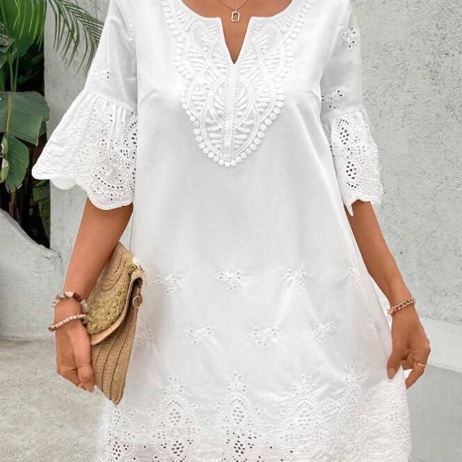 Amazon European and American Cross-Border Hollow-Out Embroidered Fashion Casual Lace V-Neck Half-Sleeve Dress