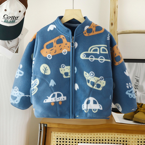 Autumn and winter new polar fleece children's jackets plus velvet thickened printed medium and large children's cardigans fleece tops children's clothing wholesale