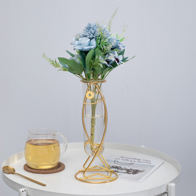 Soporte de flores de hierro metálico, flores artificiales hidropónicas de vidrio, flores eternas, adornos decorativos suaves, florero, arte floral para mesa de comedor y sala de estar.
