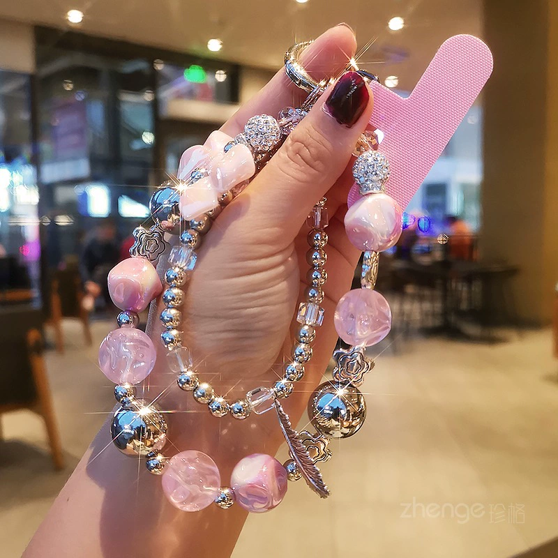Phone Strap Beaded Chain, Handmade Woven Charm with Bow, Short 2-Sided Decorative Strap